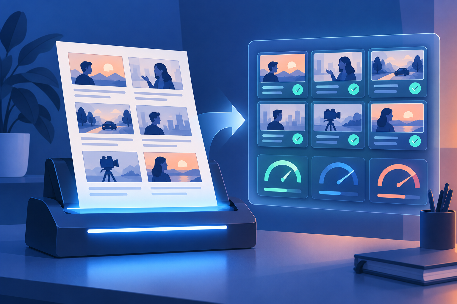 Illustration of a storyboard being scanned into a panel of instant scored judgments