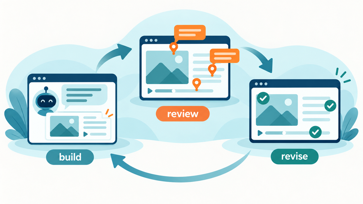 Illustration of the AI course loop: an AI assistant builds a course, reviewers pin comments on the screens, and the assistant revises it.