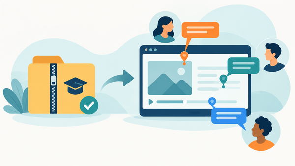 Illustration of a zipped course folder moving into a course slide with comment pins from three reviewers