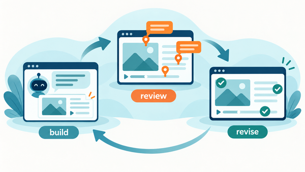 Illustration of the AI course loop: an AI assistant builds a course, reviewers pin comments on the screens, and the assistant revises it.