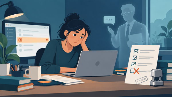 Illustration of a tired instructional designer at a desk with an unanswered review request, a faded ghost-like reviewer behind them, and a checklist with a second final stamp